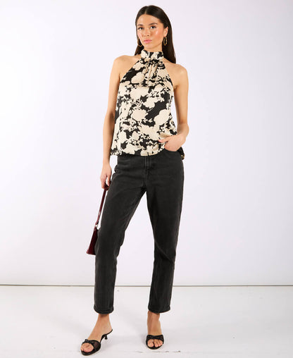 Black and Ivory Printed Halter Neck Top