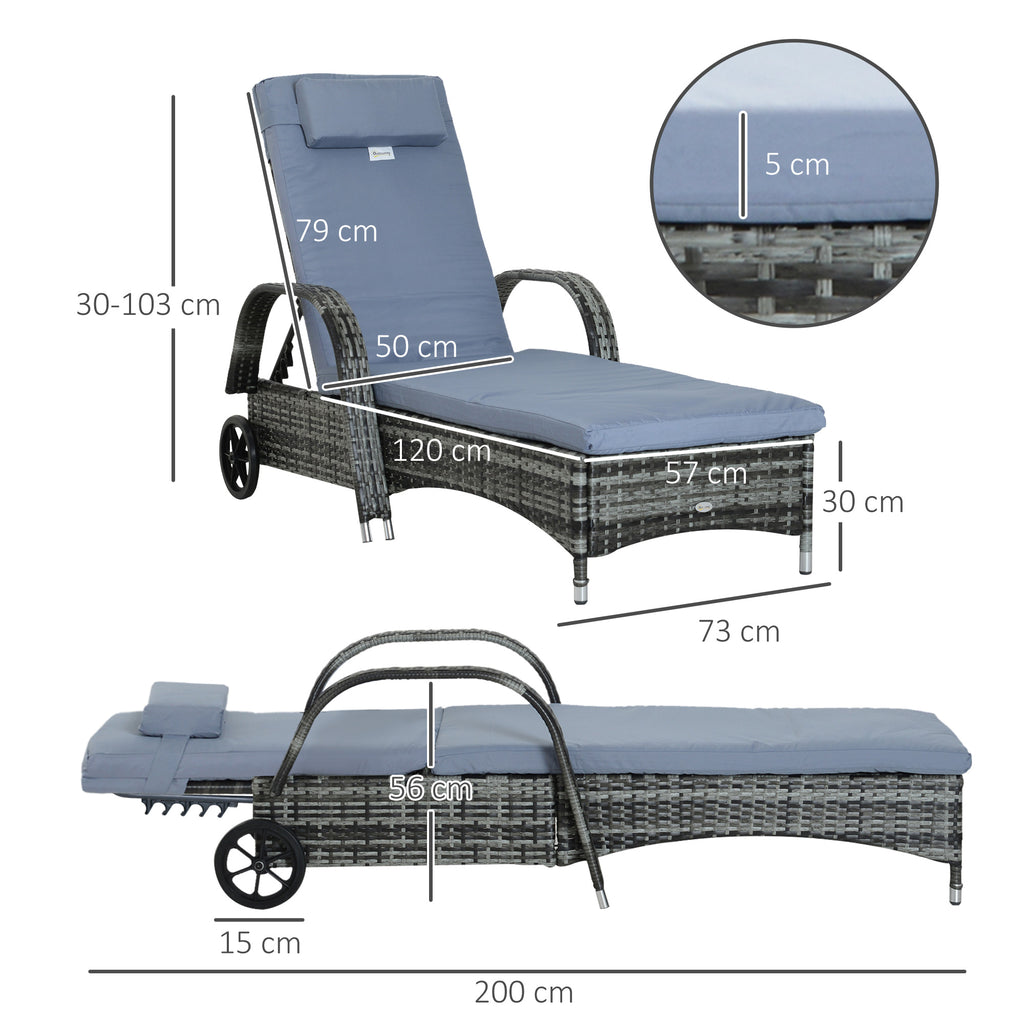 Outsunny Garden Rattan Furniture Single Sun Lounger Recliner Bed Reclining Chair Patio Outdoor Wicker Weave Adjustable Headrest with Fire Retardant Cushion - Grey