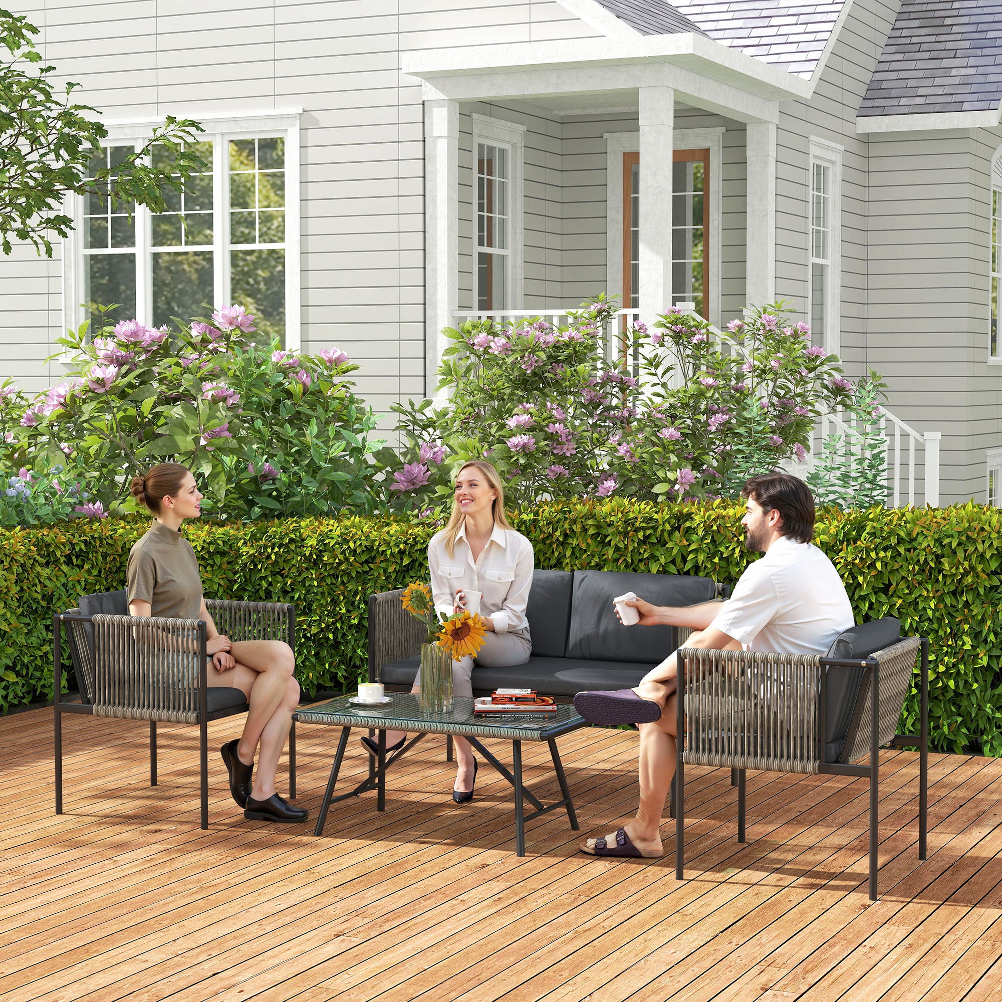 Outsunny Four-Piece Round Rattan Rope Sofa Set - Grey