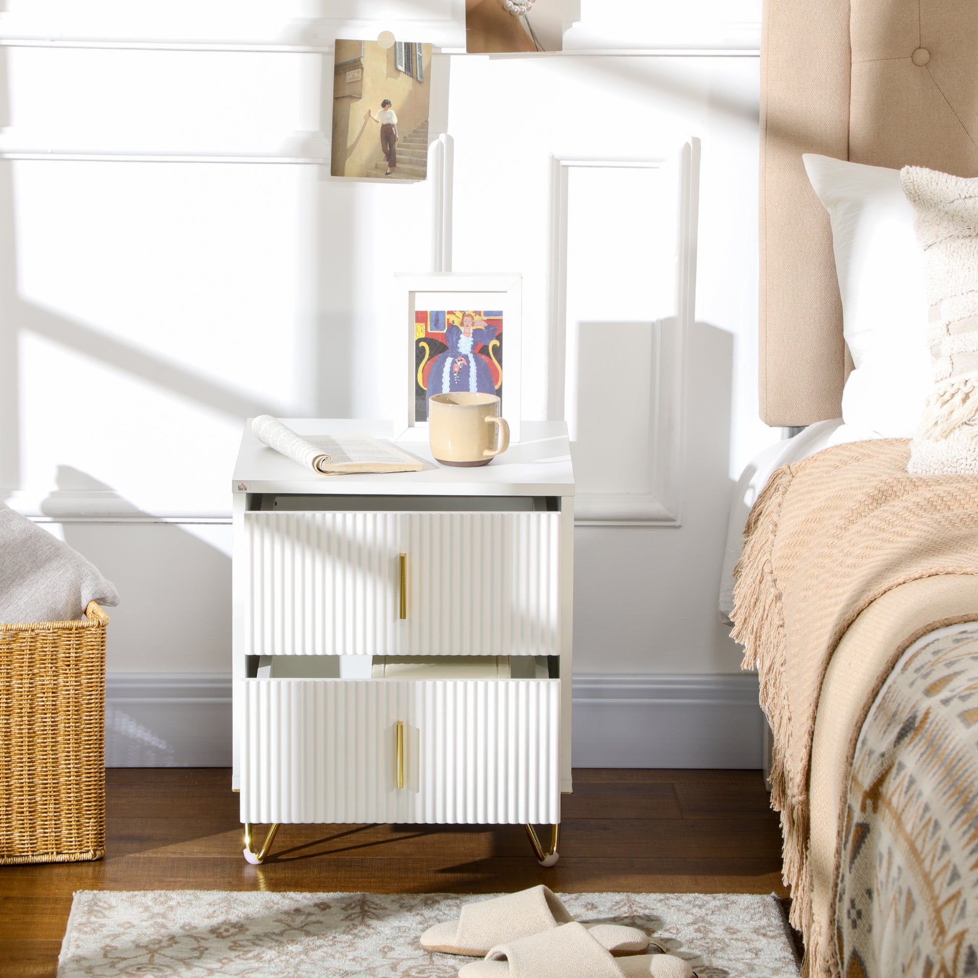 Set of 2 Elegant Chest of Two Drawers - White/Gold-Tone