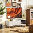 Marble Effect TV Unit, Modern TV Stand Cabinet for up to 70" TVs, with Shelves and Storage Cupboard, Fluted Door, Extra Centre Leg, Cable Management for Living Room, White