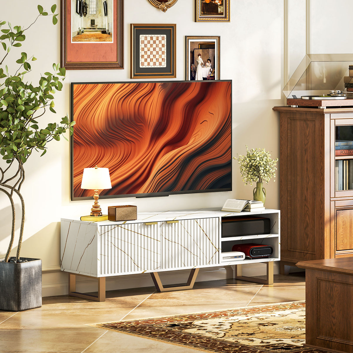 Marble Effect TV Unit, Modern TV Stand Cabinet for up to 70" TVs, with Shelves and Storage Cupboard, Fluted Door, Extra Centre Leg, Cable Management for Living Room, White