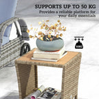 Outsunny Side Table 2-Tier Outdoor Coffee Table with Storage Shelf PS Wood Slat Top/Khaki