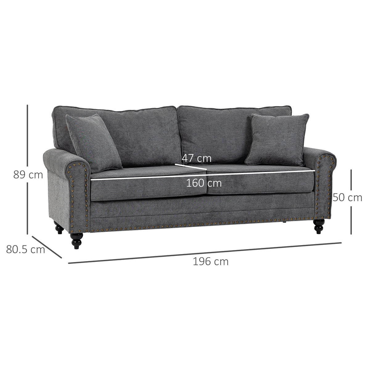 196cm 3 Seater Sofa, Fabric Sofa with Rubber Wood Legs, Nailhead Trim, 2 Pillows, Small Upholstered Couch Settee for Living Room, Guest Room, Grey