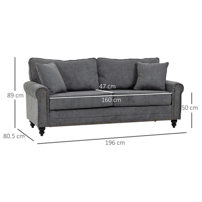196cm 3 Seater Sofa, Fabric Sofa with Rubber Wood Legs, Nailhead Trim, 2 Pillows, Small Upholstered Couch Settee for Living Room, Guest Room, Grey