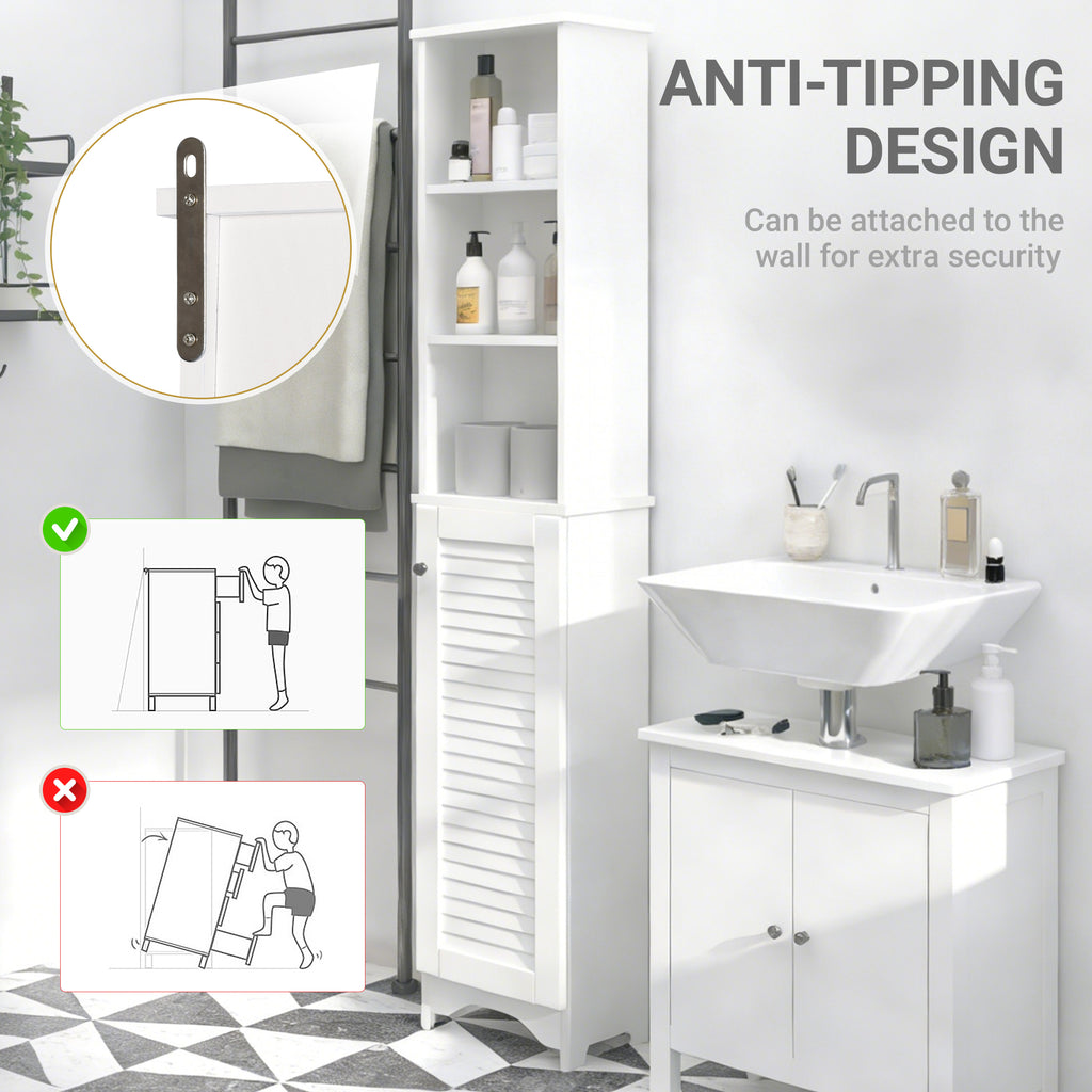 HOMCOM Tall Bathroom Cabinet, Freestanding Slim Bathroom Storage Unit with Adjustable Shelves and Shutter Door, Floor Storage Cupboard with 6 Shelves, 165H x 34W x 20D cm, White