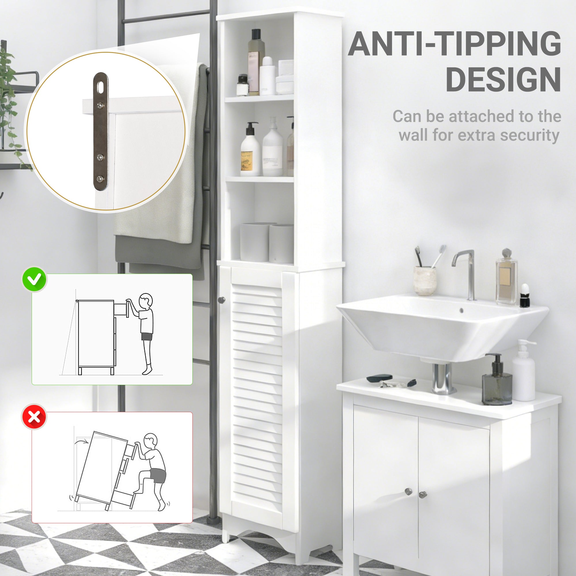 HOMCOM Tall Bathroom Cabinet, Freestanding Slim Bathroom Storage Unit with Adjustable Shelves and Shutter Door, Floor Storage Cupboard with 6 Shelves, 165H x 34W x 20D cm, White