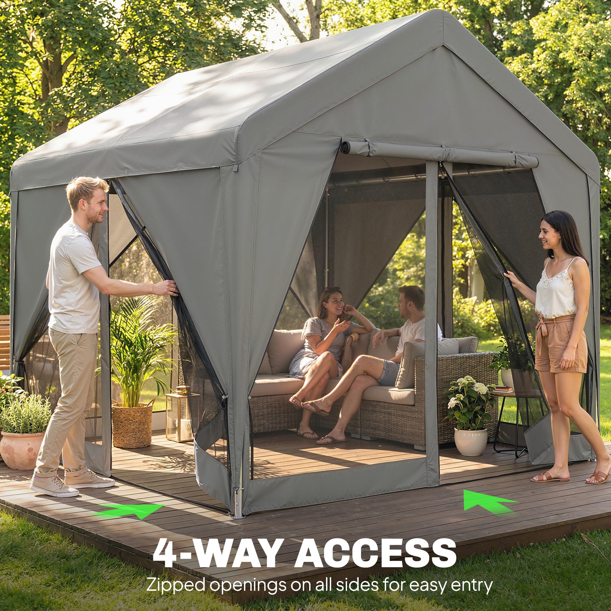 Outsunny 3 x 3 m Patio Gazebo with Netting & Curtains, Outdoor Canopy Shelter with Galvanised Steel Frame, Dark Grey