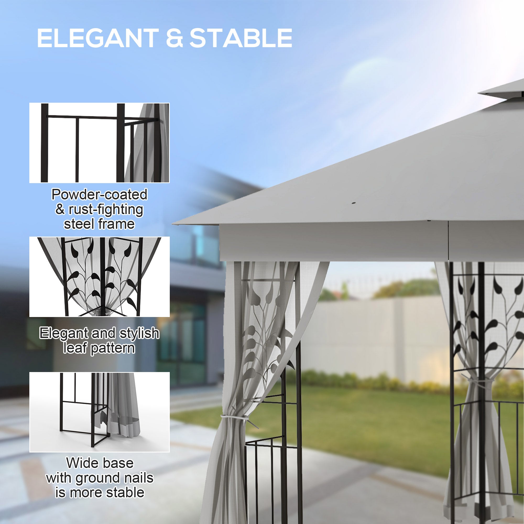 Outsunny 3 x 3m Steel Frame Double Roof Garden Gazebo - Light Grey