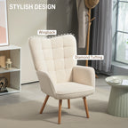 HOMCOM Modern Accent Chair, Upholstered High Back Armchair with Tufted Wingback, Seat Padding, Teddy Fleece Leisure Lounge Bedroom Chair with Wood Legs, Cream White