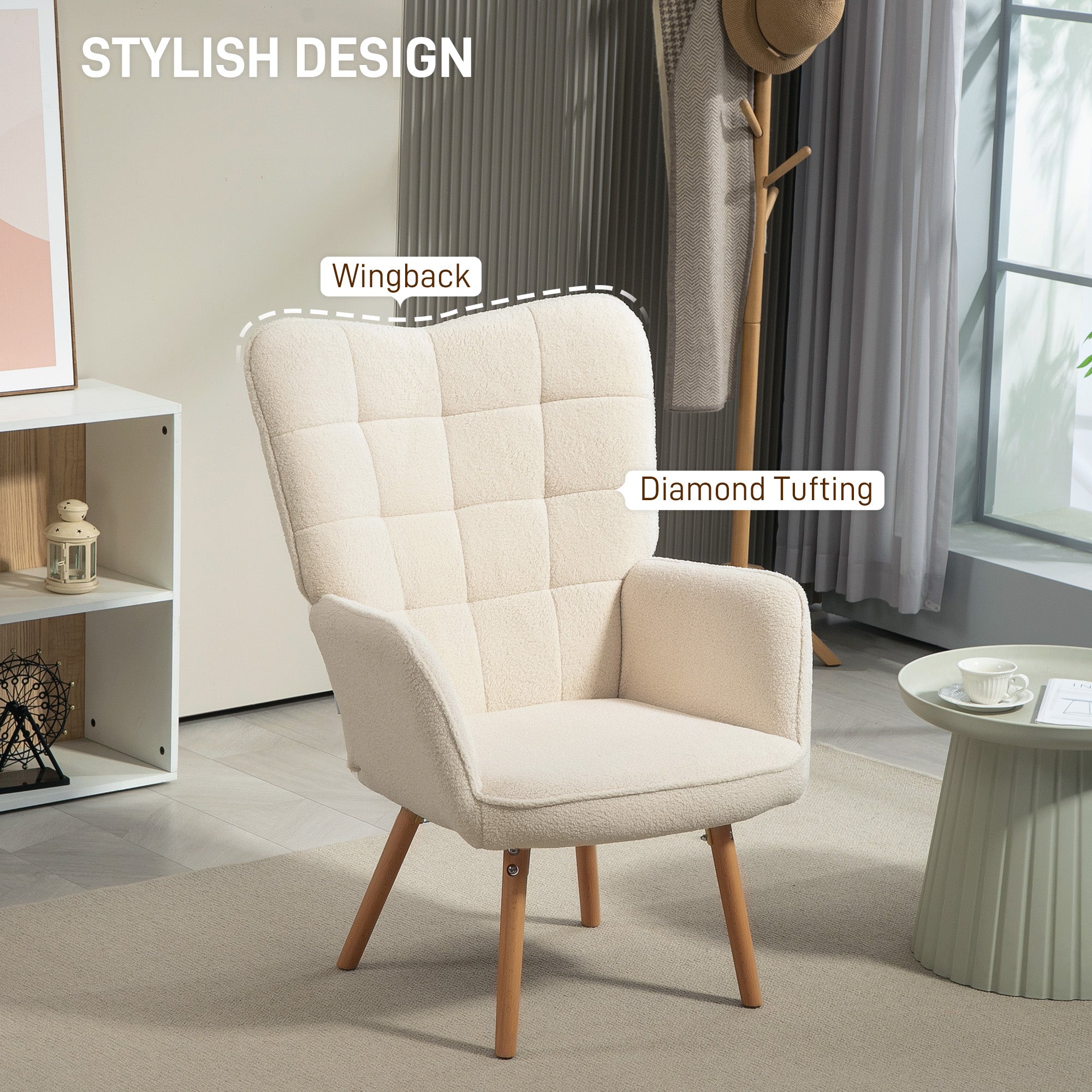 HOMCOM Modern Accent Chair, Upholstered High Back Armchair with Tufted Wingback, Seat Padding, Teddy Fleece Leisure Lounge Bedroom Chair with Wood Legs, Cream White