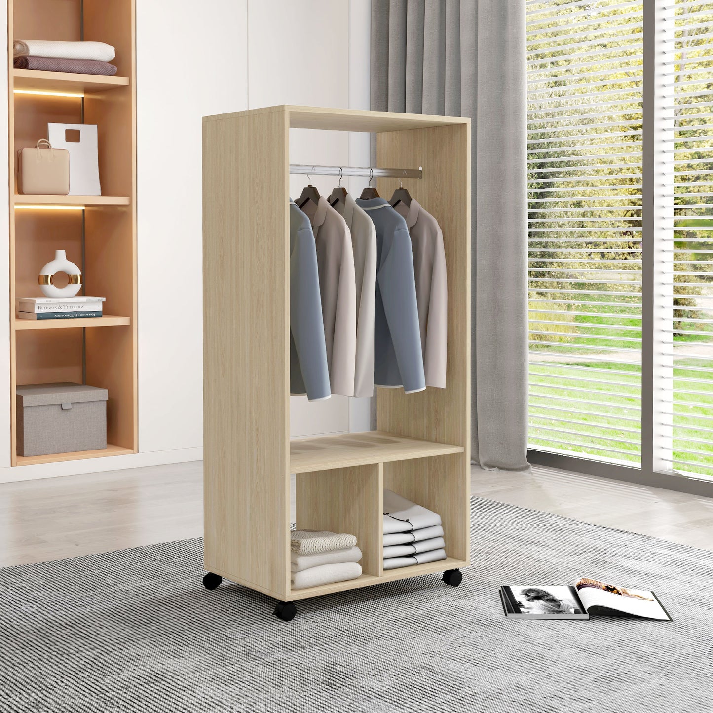 Open Wardrobe on Wheels, Bedroom Wardrobe with Clothes Hanging Rail, 2 Storage Shelves, Mobile Garment Rack for Cloakroom, Hallway, Natural