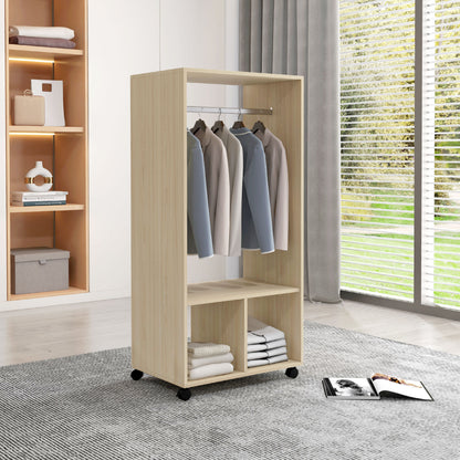 Open Wardrobe on Wheels, Bedroom Wardrobe with Clothes Hanging Rail, 2 Storage Shelves, Mobile Garment Rack for Cloakroom, Hallway, Natural