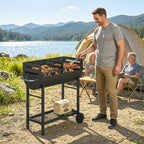 Outsunny Charcoal Barbecue Grill with 2 Cooking Areas, Portable BBQ Trolley with Wheels, Height Adjustable Grates, Bottom Shelf