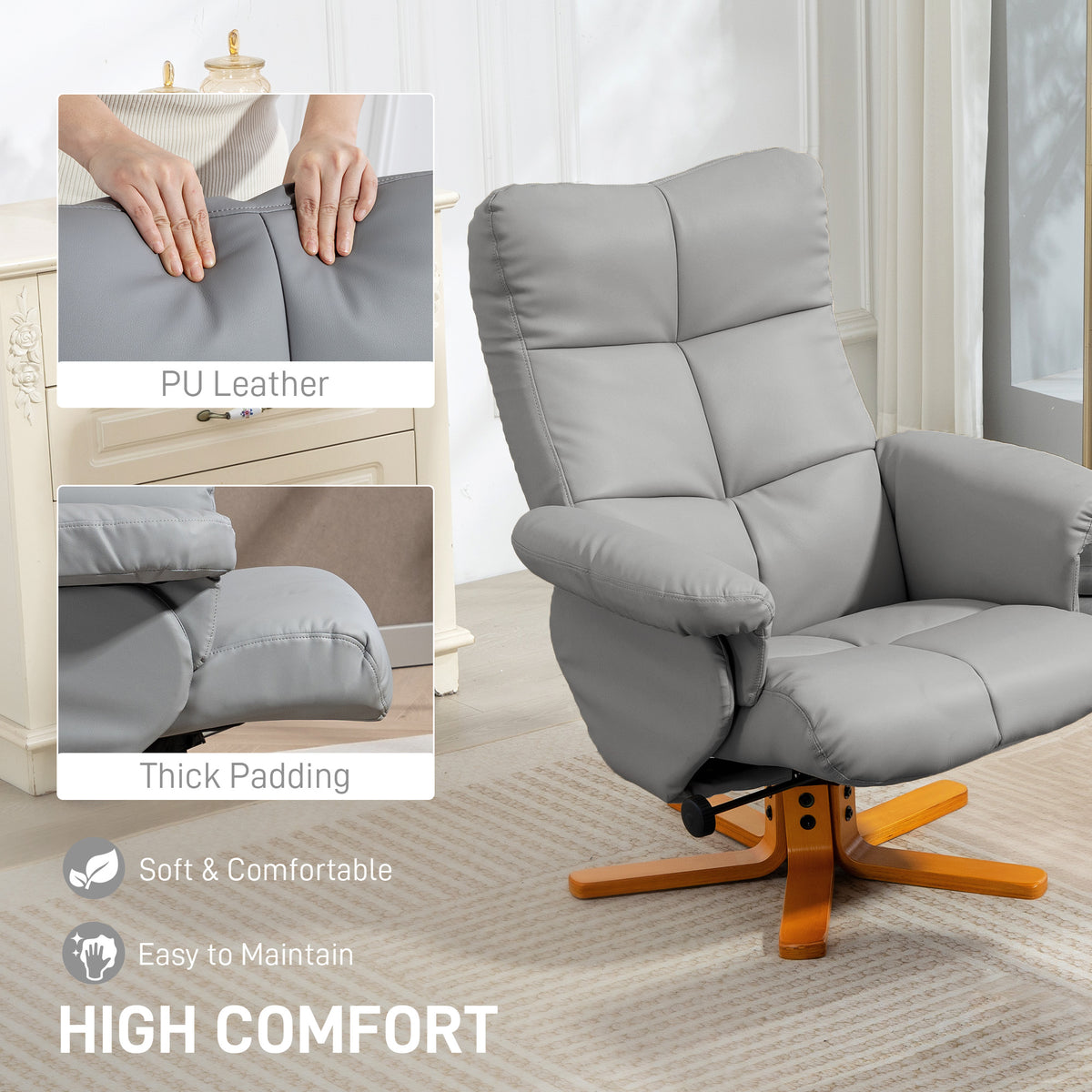 PU Leather Swivel Recliner Chair with Footstool, Wooden Base and Storage for Living Room, Light Grey