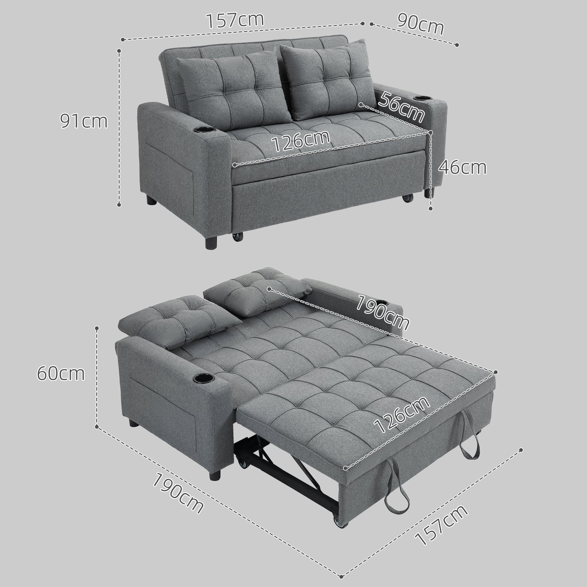 HOMCOM 2 Seater Sofa Bed Pull-Out Sofa Bed for Small Space - Charcoal Grey