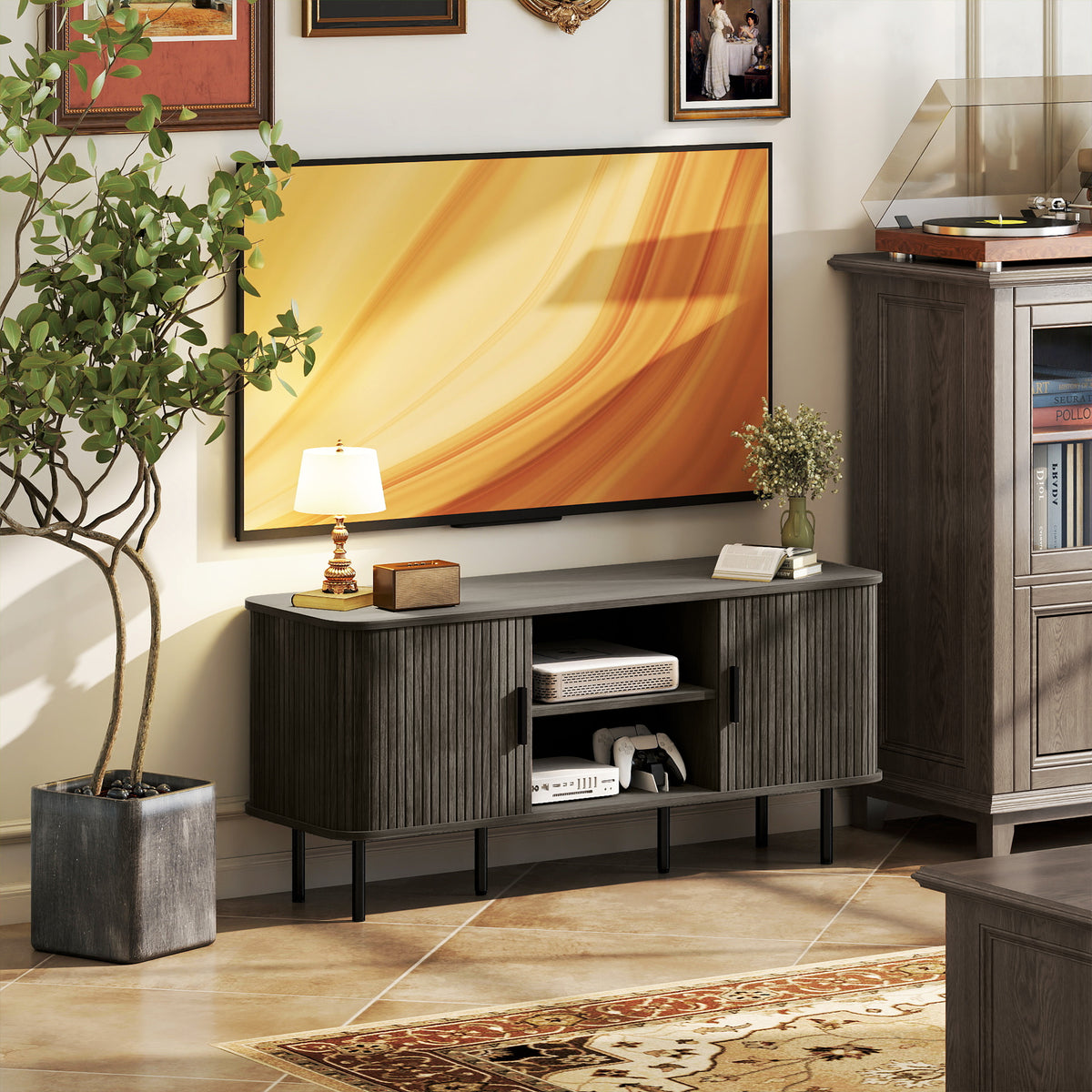 TV Stand Cabinet for TVs up to 55 Inches, TV Unit with Storage Shelves and Cupboard for Living Room, Grey