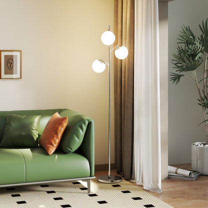 3-Light Tree Floor Lamps for Living Room, Modern Standing Lamp for Bedroom with Globe Lampshade, 3000K/4000K/6000K Colour Temperatures, Steel Base, Silver Tone