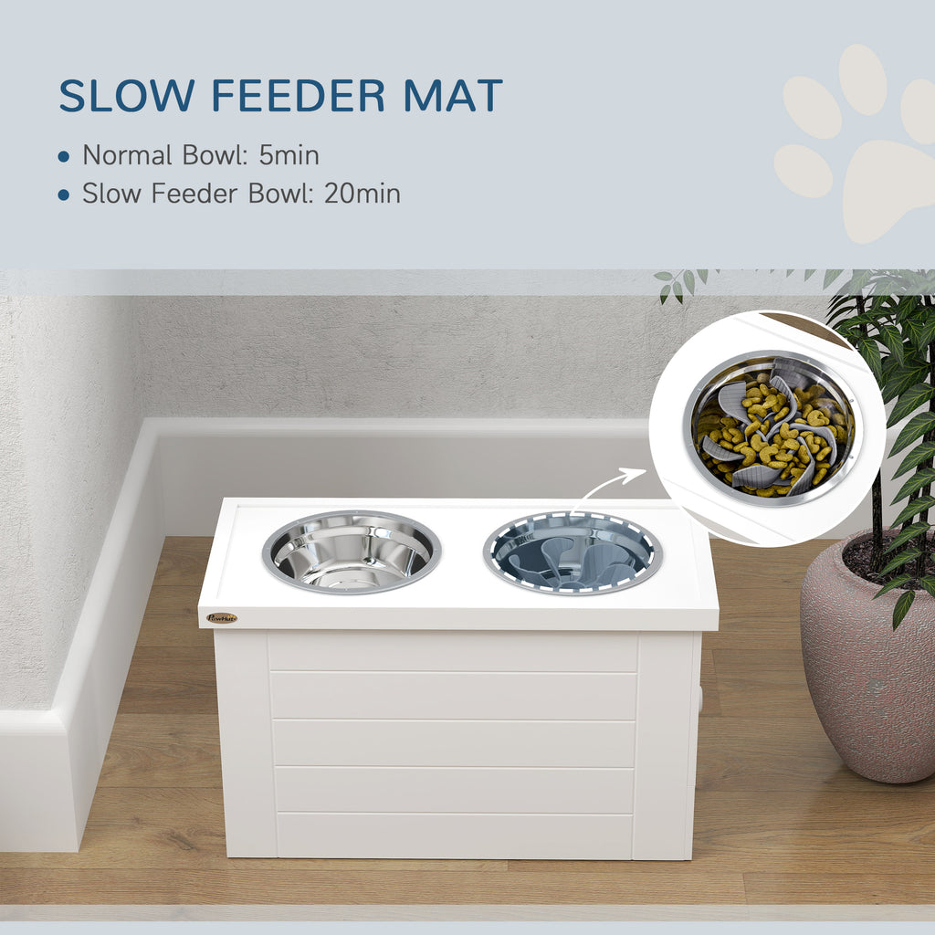PawHut Raised Dog Bowls w/ Slow Feeder Mat, Storage Cabinet, Three Stainless Steel Bowls, Semi Auto Dispenser Function, White