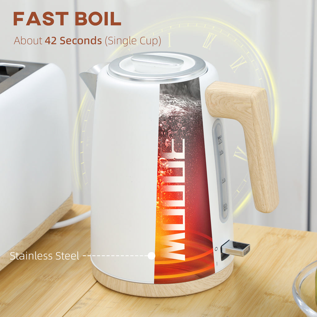 Stainless Steel Kettle and Toaster Set, 1.7L 3000W Fast Boil Kettle & 2 Slice Toaster Kitchen Set with 7 Level Browning Controls, Defrost, Reheat, Auto Off, Boil-dry Protection, White