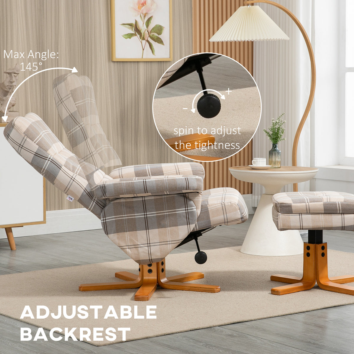 Linen Swivel Recliner Chair with Footstool, Wooden Base and Storage for Living Room, Multicolour
