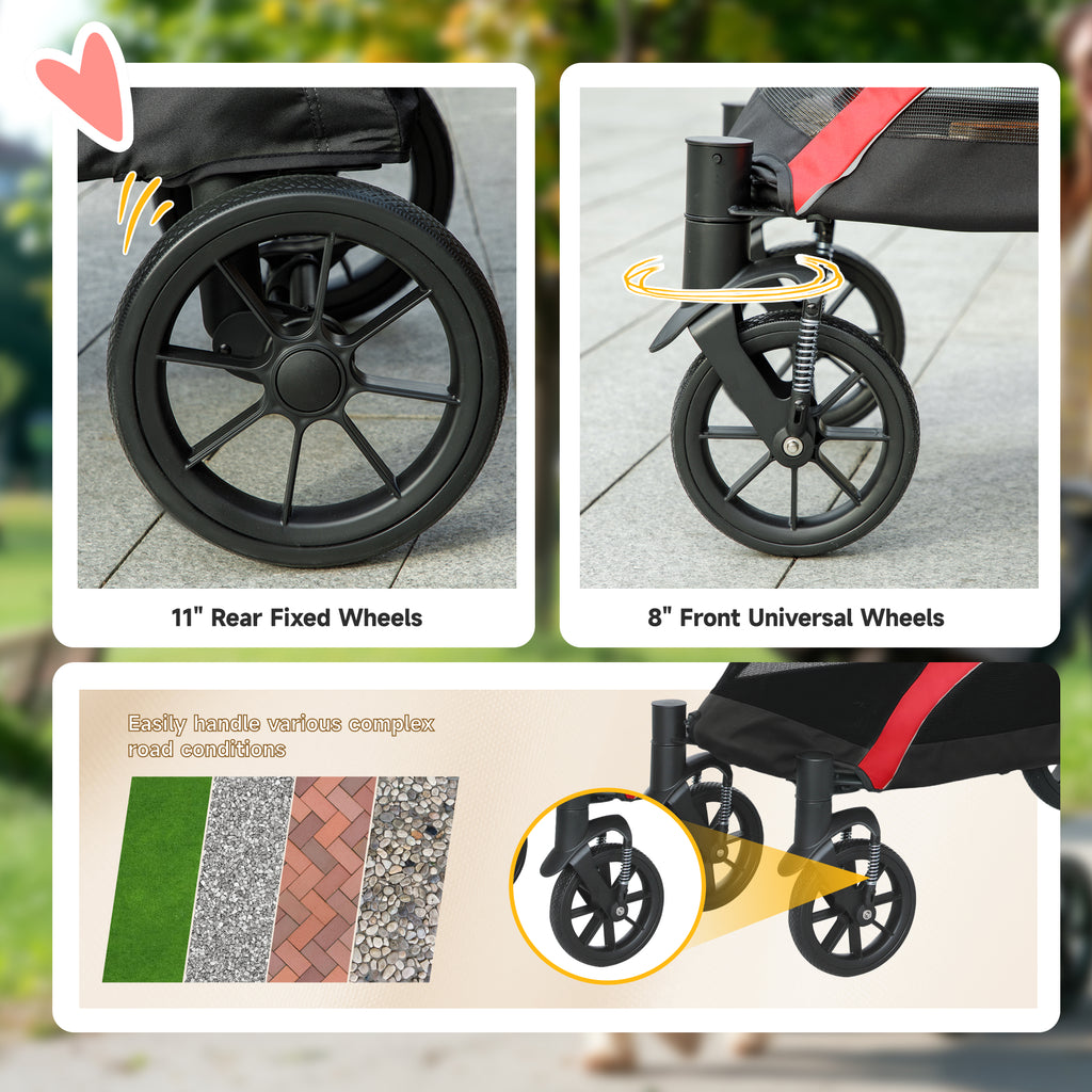 PawHut Foldable Pet Stroller for Large Dogs with Four Big Wheels, Shock-Absorbing Frame, Safety Leashes, Brakes, Red/Black