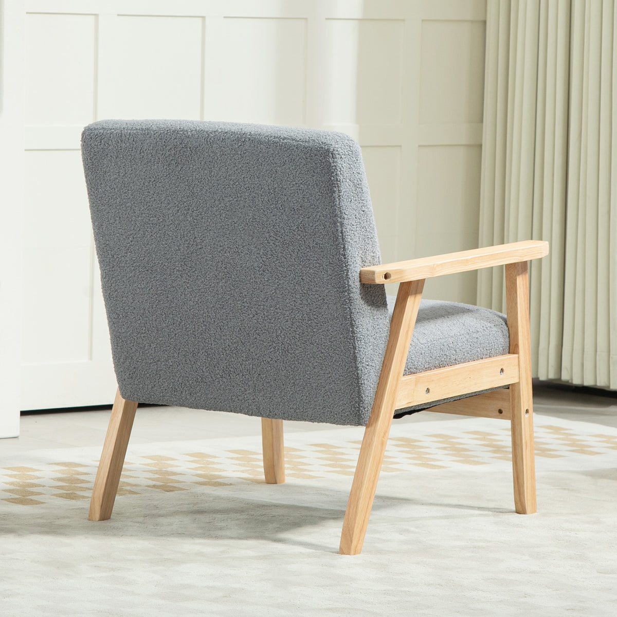 Modern Armchair, Sherpa Fleece Upholstered Accent Chair with Solid Wood Legs and Wide Seat, Padding Lounge Chair for Living Room Bedroom Office, Grey