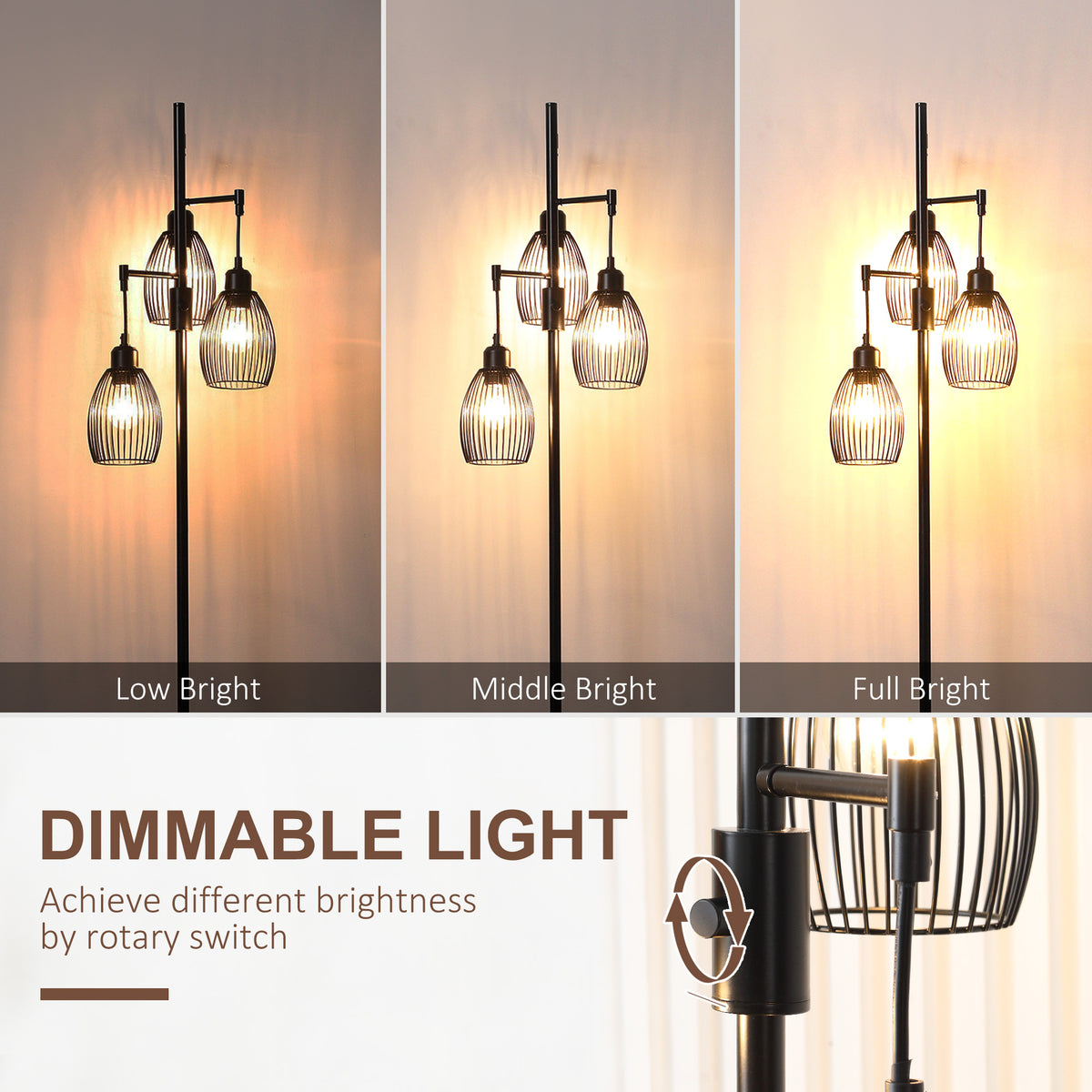 3-Light Floor Lamp, 170cm Industrial Dimmable Standing Lamp with Steel Wire Cage Lampshades for Living Room, Bedroom, Dining Room, Study, Bulb Not Included, Black