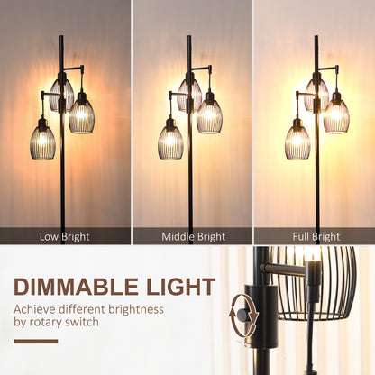 3-Light Floor Lamp, 170cm Industrial Dimmable Standing Lamp with Steel Wire Cage Lampshades for Living Room, Bedroom, Dining Room, Study, Bulb Not Included, Black