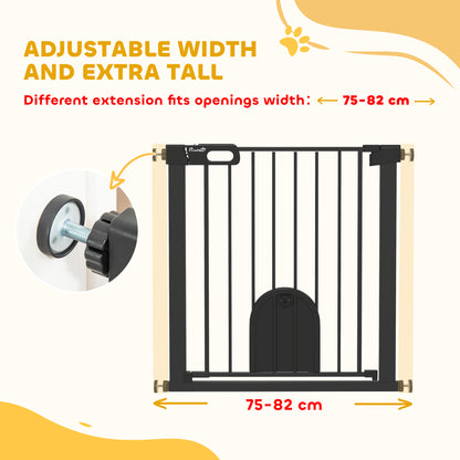 PawHut Dog Gate with Cat Flap Pet Safety Gate Barrier, Stair Pressure Fit, Auto Close, Double Locking, 75-82 cm Black