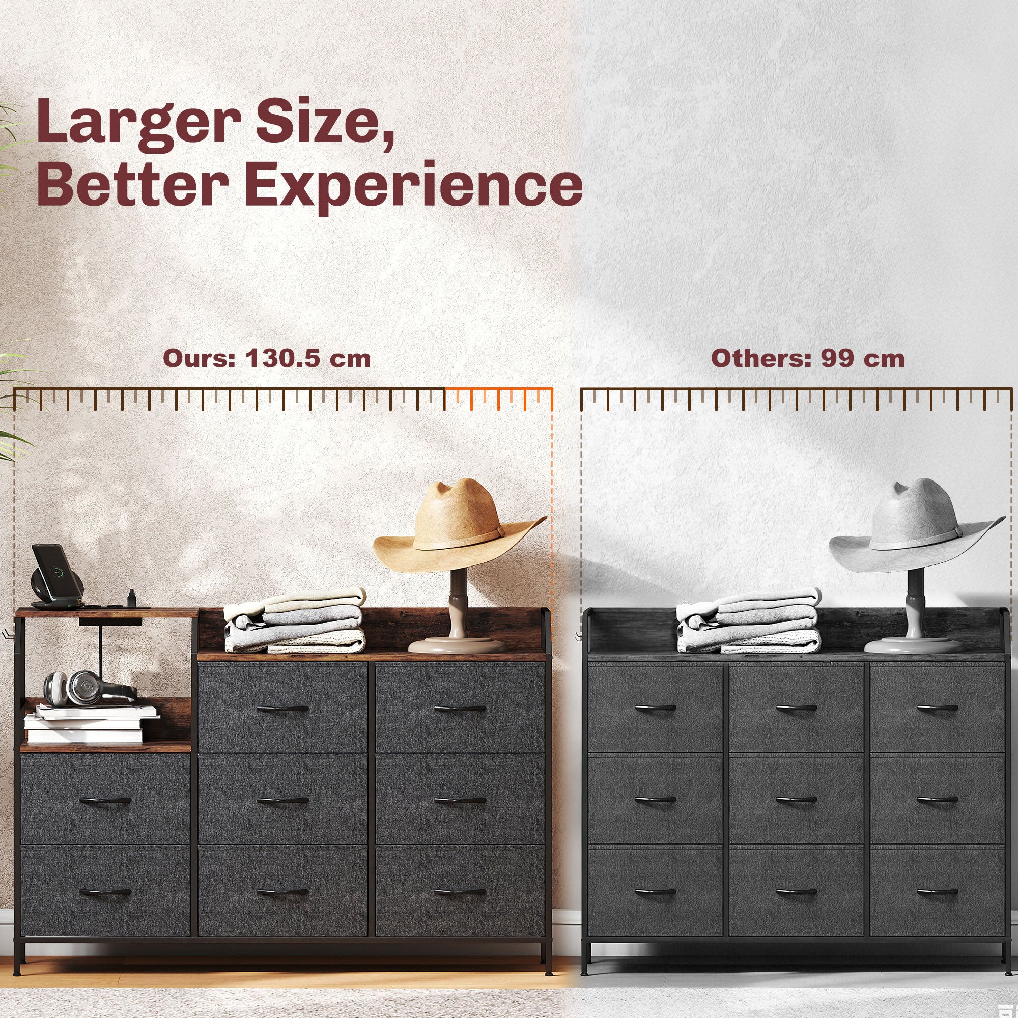 HOMCOM Chest of Eight Drawers, with Charging Station - Brown/Black