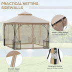 Outsunny 3 x 3(m) Garden Gazebo Patio Party Tent Shelter Outdoor Canopy Double Tier Sun Shade Metal Frame Netting, Beige