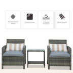 Outsunny 3 Pieces Rattan Bistro Set, Wicker Garden Furniture Set, Glass Top 2-tier Coffee Table and Chairs Set with Pillows and Washable Cushions for Outdoor, Patio, Balcony, Grey