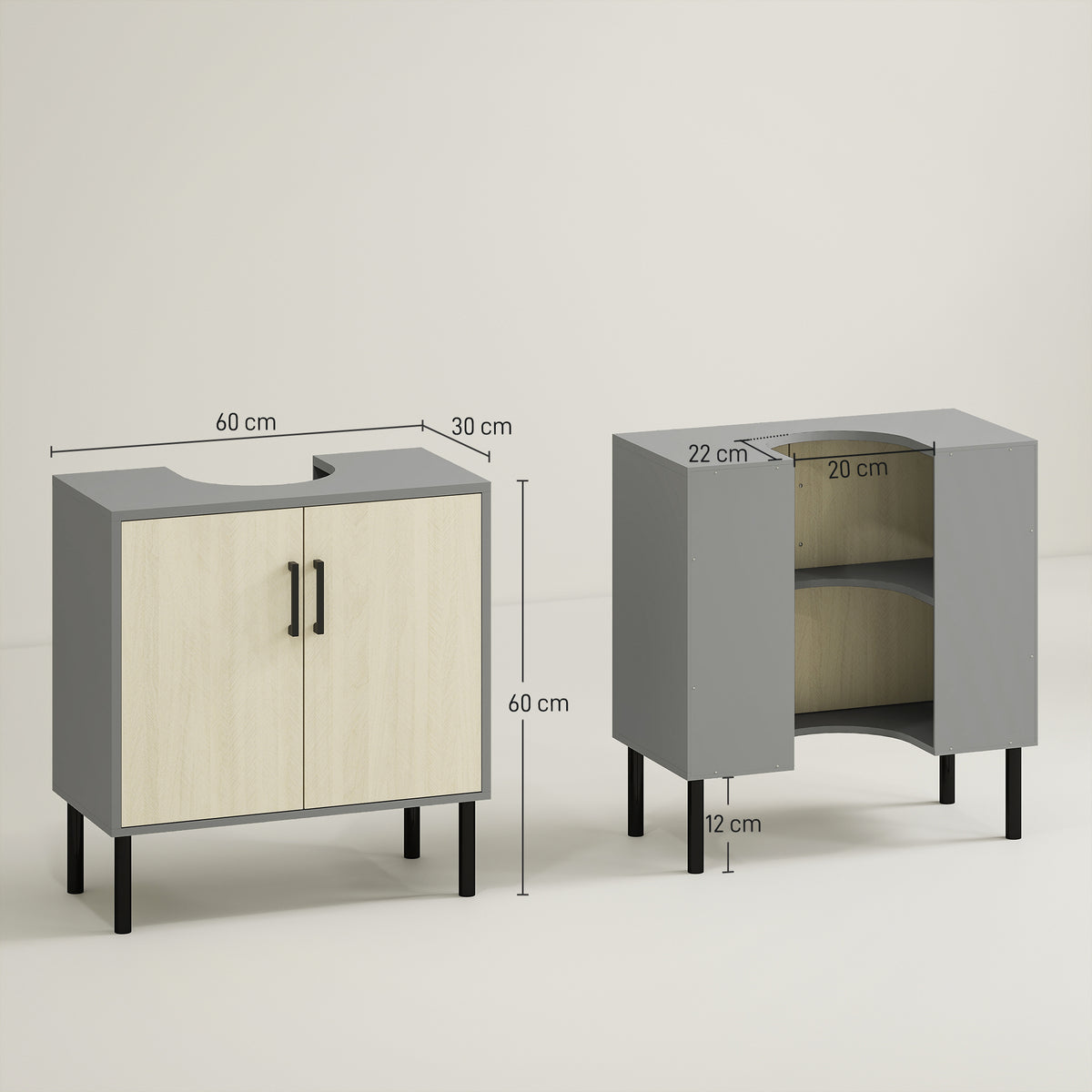kleankin Under Sink Cabinet, Bathroom Vanity Unit, Storage Cupboard with Double Doors and Storage Shelves, 60x30x60cm, Natural