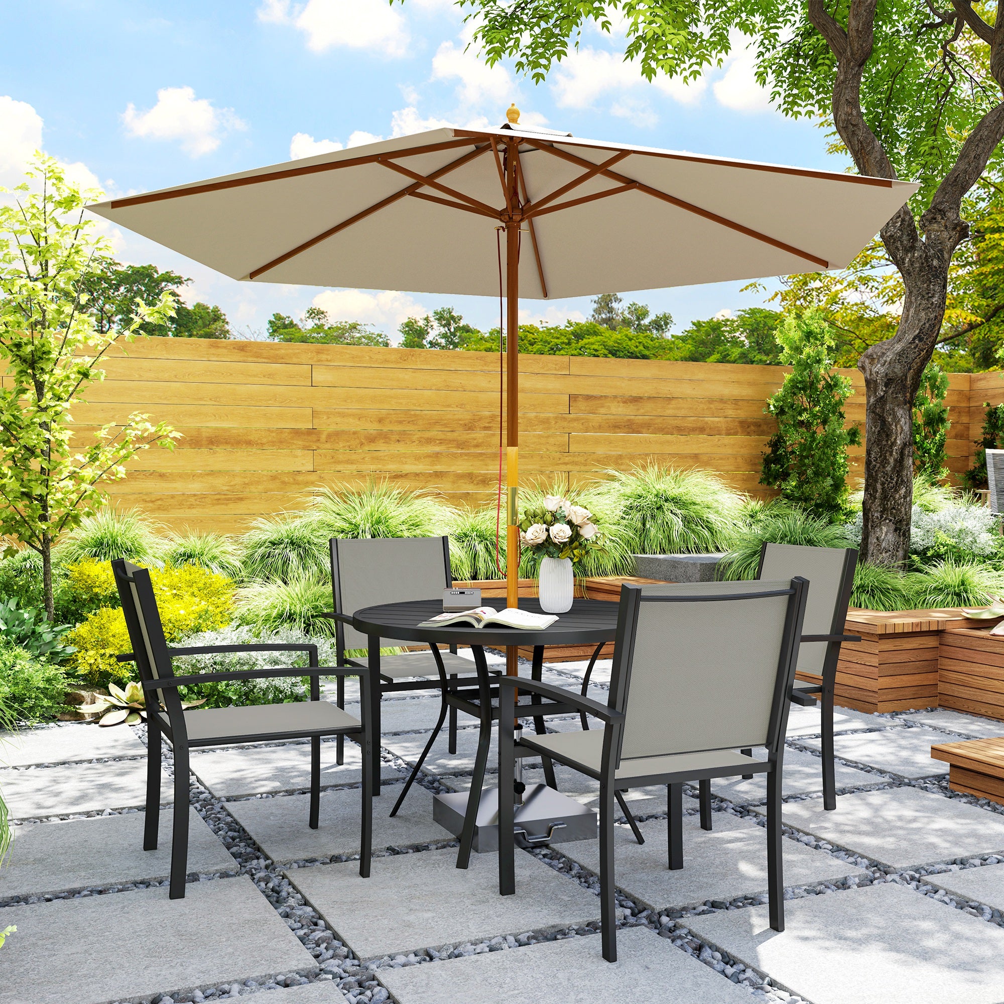 Outsunny 5 Piece Garden Furniture Set, Garden Dining Set with Round Table and 4 Stackable Chairs, Steel Frame, for Outdoor, Patio, Terraces, Dark Grey