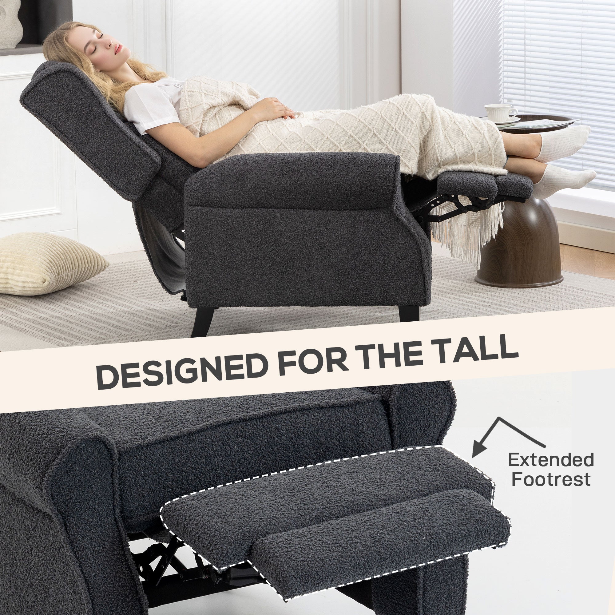HOMCOM 132° Recliner Armchair, with Extended Footrest - Dark Grey
