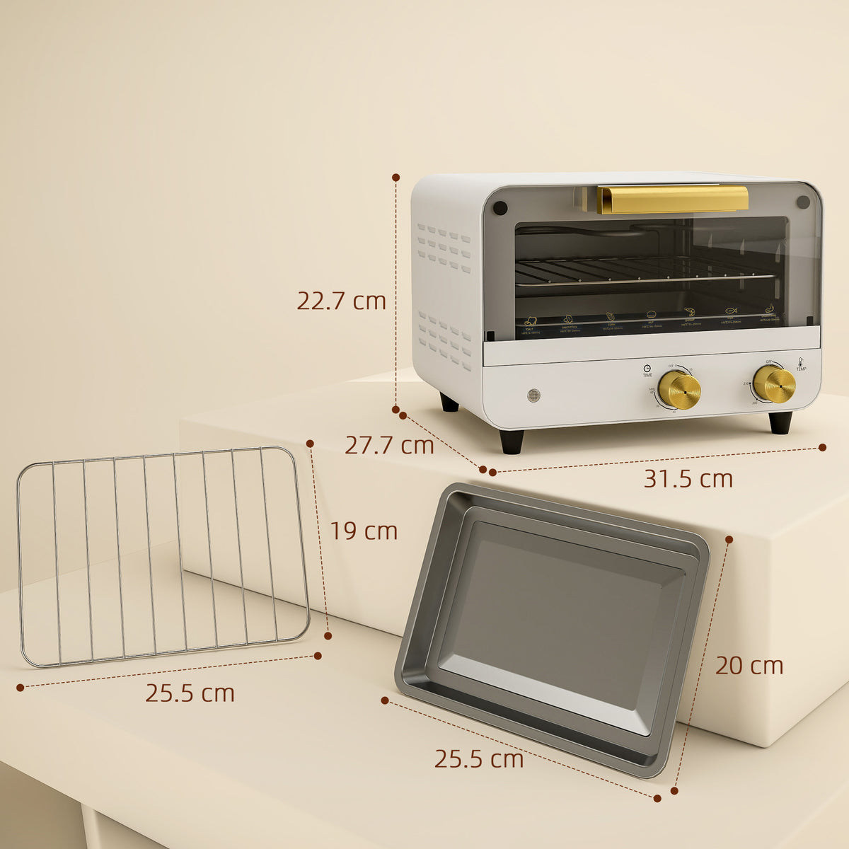 Small Toaster Oven, 12L Multifunction Mini Countertop Oven with Glass Door, Adjustable Temperature and Timer, White