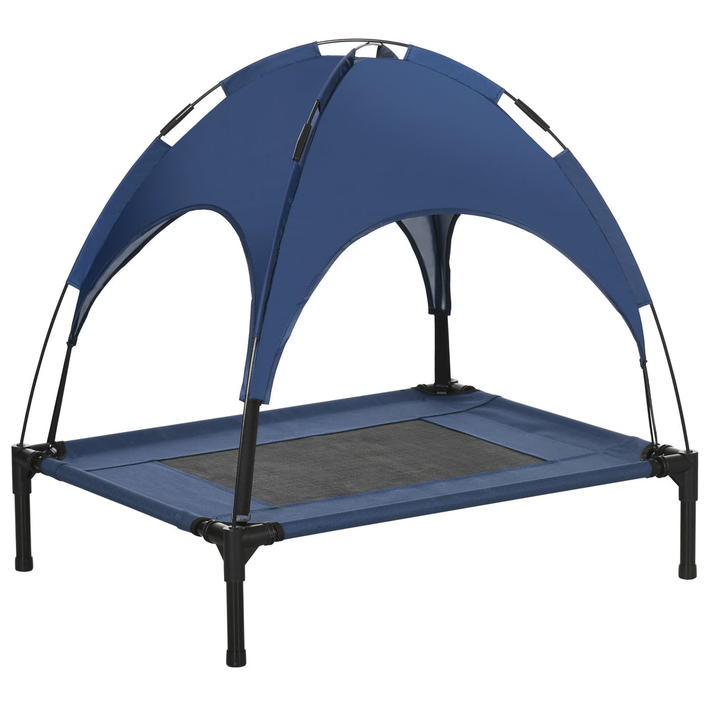 PawHut Outdoor Dog Bed with Removable Canopy, Portable Raised Dog Bed for Camping, Garden & Beach, Water-Resistant UV-Protection Mesh Pet Cot Sun Lounger, for Medium Pets, 76 x 61 x 73 cm, Dark Blue