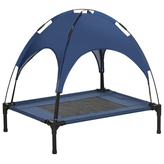 PawHut Outdoor Dog Bed with Removable Canopy, Portable Raised Dog Bed for Camping, Garden & Beach, Water-Resistant UV-Protection Mesh Pet Cot Sun Lounger, for Medium Pets, 76 x 61 x 73 cm, Dark Blue