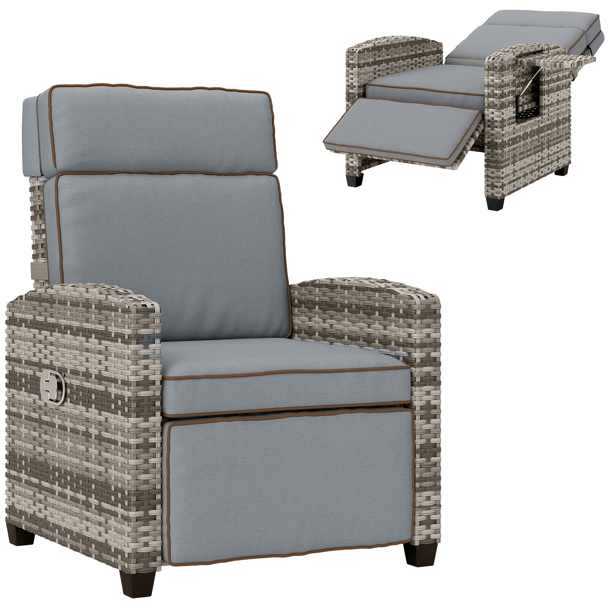 Outsunny 145° Reclining Rattan Armchair with Footrest - Mixed Grey