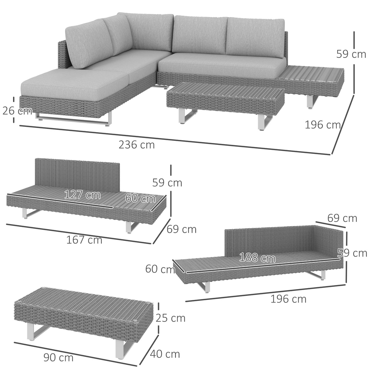 Outsunny Three-Piece Rattan Sofa Set, with Cushions - Light Grey