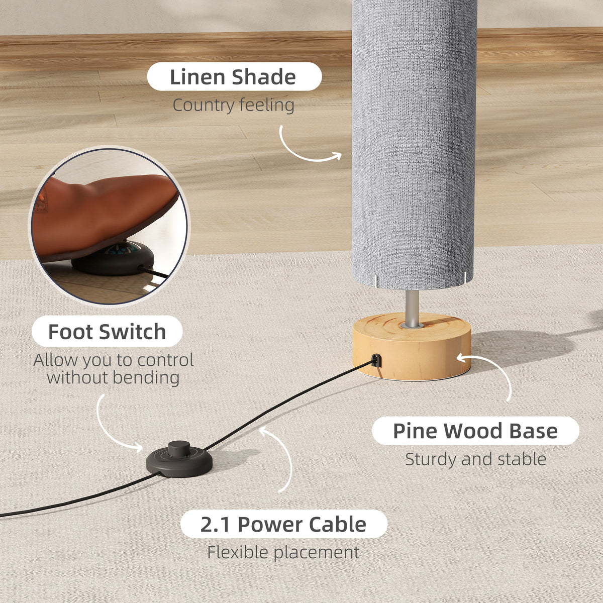 LED Floor Lamp for Living Room, 120cm Modern Standing Lamp with 3000K/4500K/6500K Colour Temperatures, Linen Shade and Wooden Base, Grey