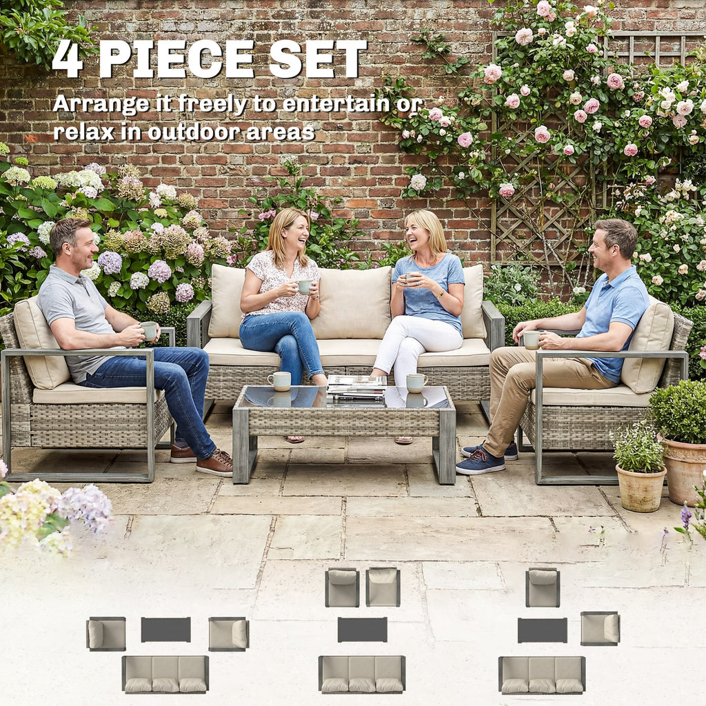 Outsunny Rattan Garden Set, 4 Piece Rattan Garden Furniture Set with 3-Seater Sofa, Armchairs, Table, Aluminium Frame Patio Furniture, Khaki