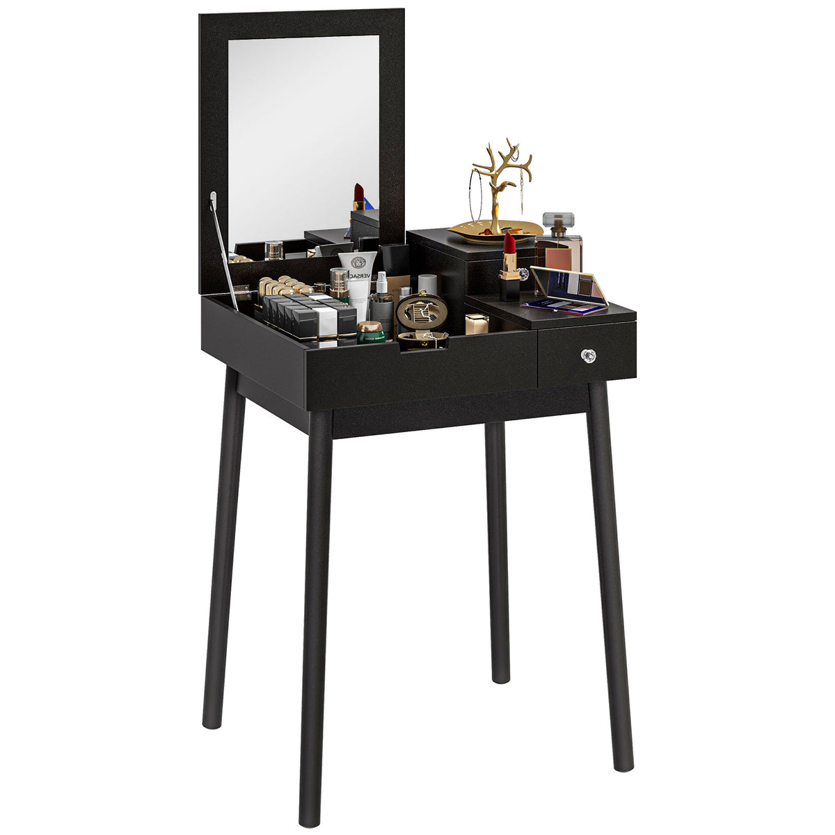 Dressing Table with Flip-up Mirror, Makeup Desk with 2 Drawers and Pine Wood Legs, Vanity Table Writing Desk for Bedroom Living Room, Black