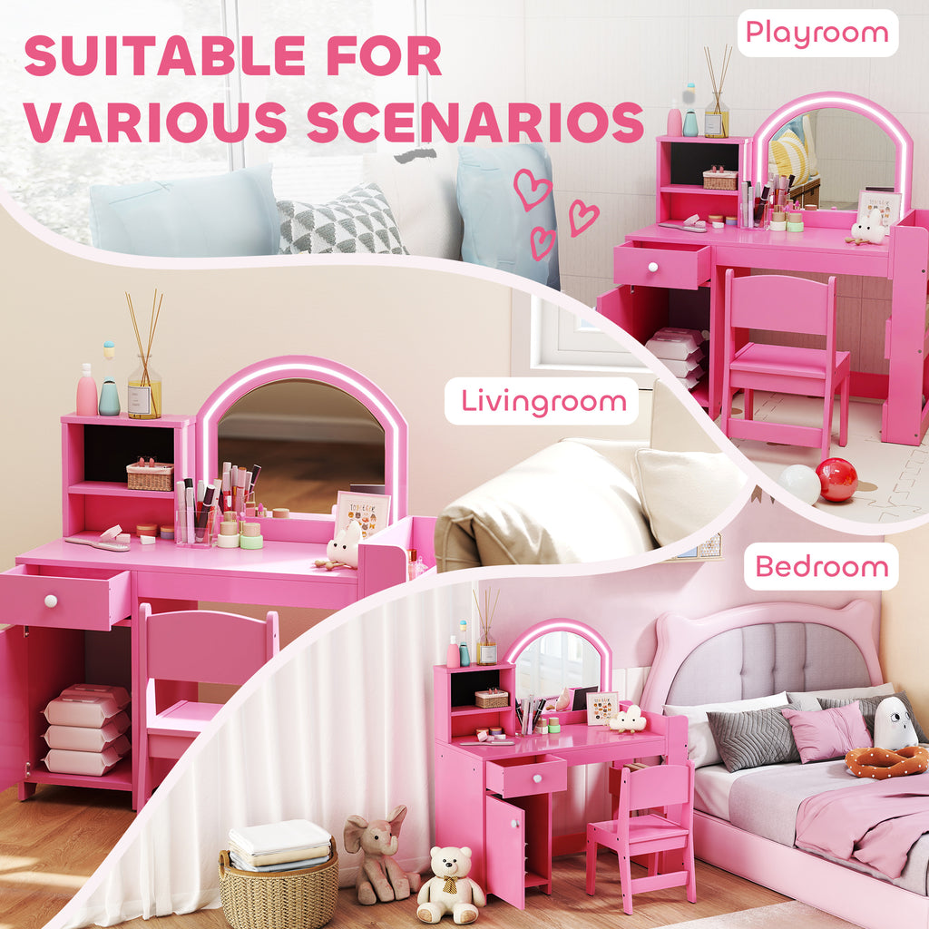 AIYAPLAY Kids Vanity Table and Chair Set, Girls Dressing Table with 2-Colour LED Mirror, Stool, Cabinet, Drawer, Shelves, Pink