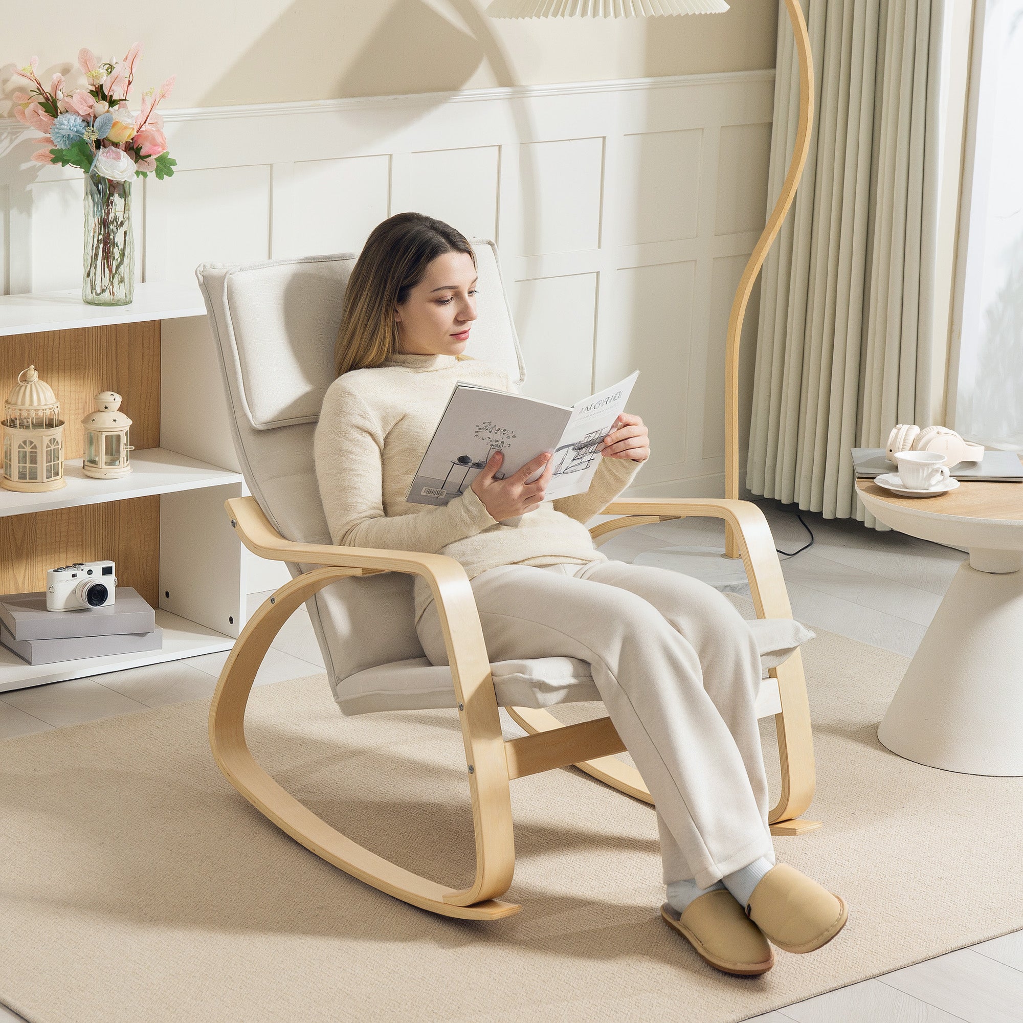 HOMCOM Comfortable Relax Rocking Chair, Upholstered Lounge Chair Recliner with High Back and Headrest for Living Room, Bedroom, Cream White