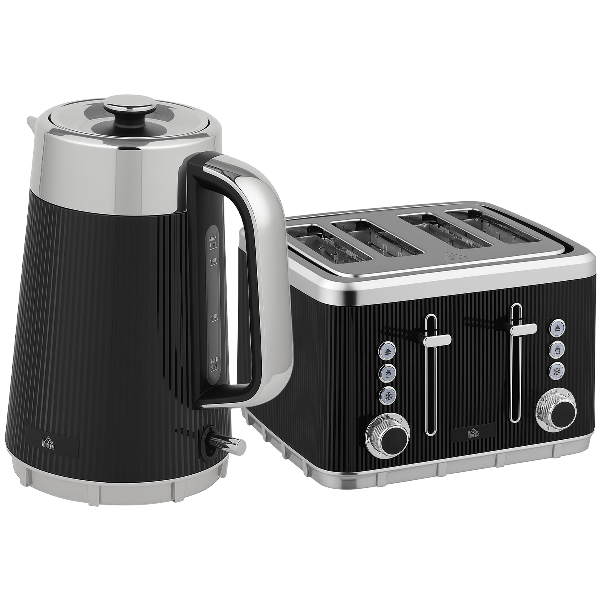 Electric Stainless Steel Kettle and Toaster Set, 3000W 1.7L UK Strix Thermostat Fast Boil Kettle w/ Limescale Filter, Cool Touch Body, 4 Slice Toaster with 7 Browning Levels, Black