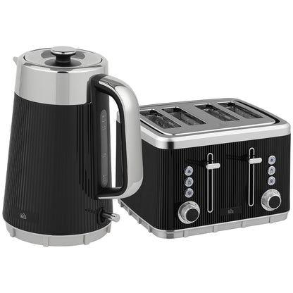 Electric Stainless Steel Kettle and Toaster Set, 3000W 1.7L UK Strix Thermostat Fast Boil Kettle w/ Limescale Filter, Cool Touch Body, 4 Slice Toaster with 7 Browning Levels, Black