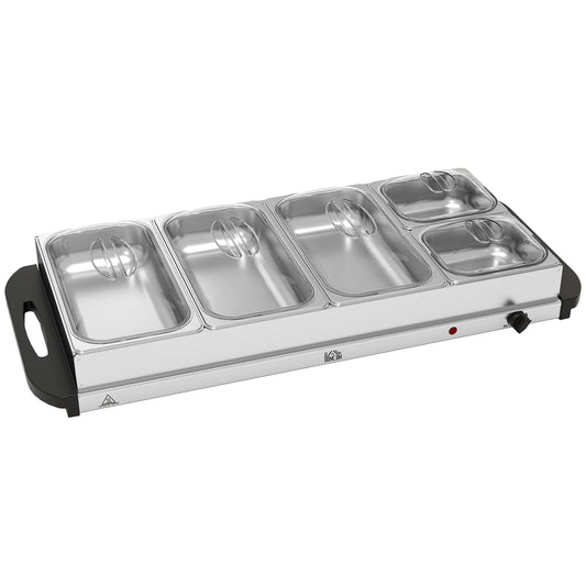 5 Tray Electric Food Warmer Buffet Server with Warming Plate, Cool Touch Handles, Adjustable Temperature, 300W, 3 x 2.4L and 2 x 1L Pans