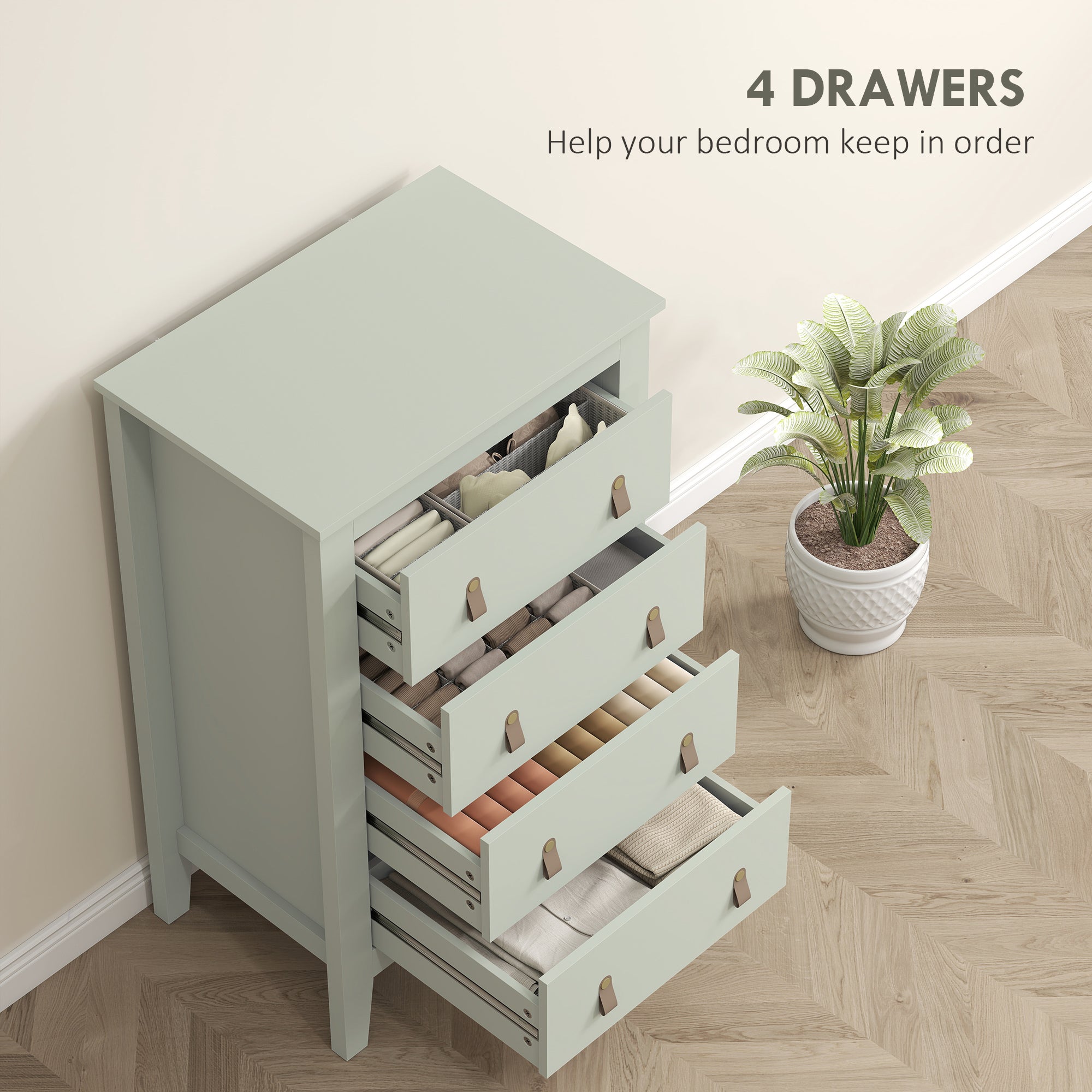 HOMCOM Bedroom Chest of Drawers, Modern 4 Drawer Dresser Cabinet with PU Leather Handles and Metal Runners for Living Room, Hallway, Entryway, 60 x 40 x 98 cm, Green